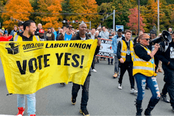 Amazon workers and supporters march during a rally in Castleton-On-Hudson, about 15 miles south of Albany, N.Y., Monday, Oct. 10, 2022.