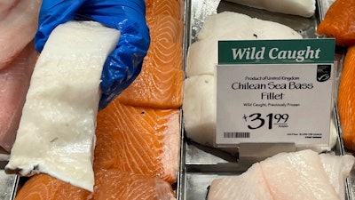 Fillets of Chilean sea bass caught near the U.K.-controlled South Georgia island are displayed for sale at a Whole Foods Market in Cleveland, Ohio, June 17, 2022.