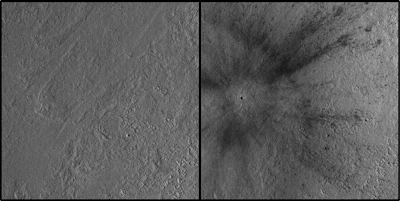 This combination of images made available by NASA on Thursday, Oct. 27, 2022, shows the site on Mars before and after a meteoroid hit the surface of the planet. The impact occurred on Dec. 24, 2021, in a region of Mars called Amazonis Planitia.