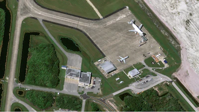 Beluga and Hotbird at KSC. Photo taken by the Pléiades Neo satellite.