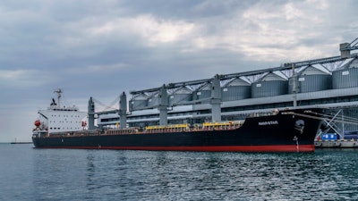 The ship Navi-Star sits full of grain since Russia's invasion of Ukraine began five months ago as it waits to sail from the Odesa Sea Port, in Odesa, Ukraine, July 29, 2022. U.S. President Joe Biden has warned that global hunger could increase because of Russia’s suspension of a U.N.-brokered deal to allow safe passage for ships carrying Ukrainian grain.
