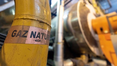 A sticker reads 'natural gas' on a pipe at the French company R-CUA plant, in Strasbourg, eastern France, Oct. 7, 2022.