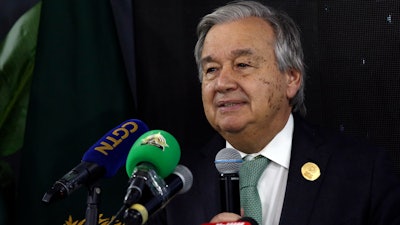 U.N. Secretary-General Antonio Guterres gives a press conference with Prime Minister of Pakistan Muhammad Shehbaz Sharifat the 2022 United Nations climate conference, COP27, in the Red Sea resort of Sharm el-Sheikh, South Sinai, Egypt, Monday, Nov. 7, 2022.