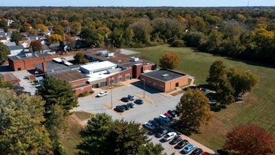 This aerial photo shows Jana Elementary School, in the Hazelwood School District, on Oct. 17, 2022, in Florissant, Mo.
