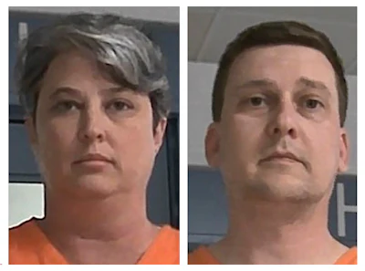 These booking photos released Oct. 9, 2021, by the West Virginia Regional Jail and Correctional Facility Authority show Diana Toebbe, left, and Jonathan Toebbe.