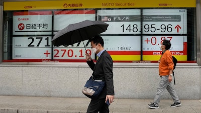 Monitors show the Nikkei 225 index and the yen's exchange rate against the U.S. dollar, Tokyo, Oct. 24, 2022.