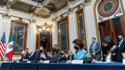 Vice President Kamala Harris, center, accompanied by from left, U.S. Ambassador to Mexico Ken Salazar, Homeland Security Secretary Alejandro Mayorkas, Secretary of State Antony Blinken, Commerce Secretary Gina Raimondo, and U.S. Trade Representative Katherine Tai, speaks at a U.S.-Mexico High Level Economic Dialogue meeting in the Indian Treaty Room in the Eisenhower Executive Office Building on the White House Campus in Washington, Thursday, Sept. 9, 2021.