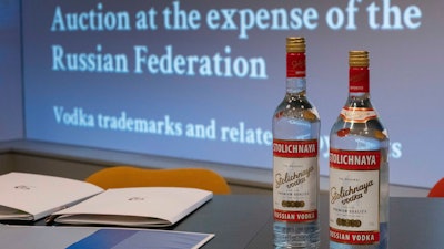 Two vodka bottles are displayed prior to a public auction of the Benelux rights to Stolichnaya and 17 other vodka brands, The Hague, Netherlands, Dec. 6, 2022.