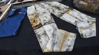 A pair of work pants, possibly made by or for Levi Strauss, from the S.S. Central America are seen in a warehouse in Sparks, Nev., on May 4, 2022.
