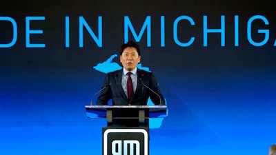 Kim Dong-Myung, LG Energy Solution Head of Advanced Automotive Battery Division (EVP), speaks during a news conference in Lansing, Mich., Tuesday, Jan. 25, 2022.