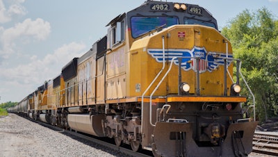 A Union Pacific train travels through Union, Neb., July 31, 2018.