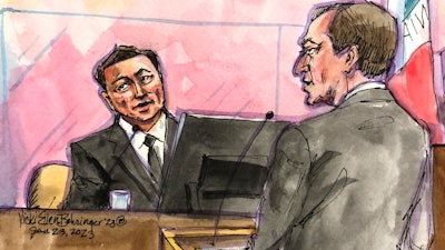 In this courtroom sketch is Elon Musk, left, with shareholder attorney Nicholas Porritt appears in federal court in San Francisco, Monday, Jan. 23, 2023.
