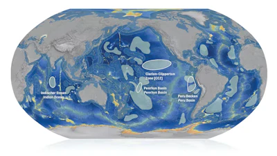 Where large numbers of manganese nodules are found. The areas with the greatest concentrations are circled.