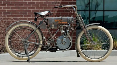 A 1908 Harley-Davidson Strap Tank motorcycle recently sold for $935,000 at Mecum Auction.