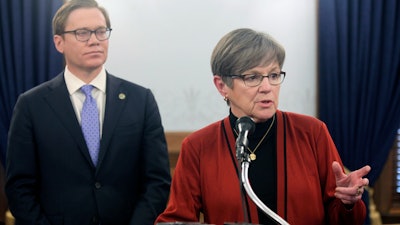 Kansas Gov. Laura Kelly discusses plans by Integra Technologies, of Wichita, Kansas, to build a new, $1.8 billion semiconductor factory, during a news conference, Thursday, Feb. 2, 2023, at the Statehouse in Topeka, Kan.