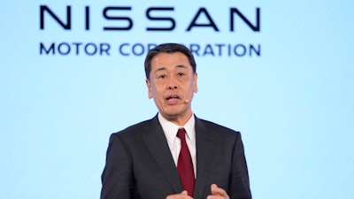 Nissan Chief Executive Makoto Uchida speaks during a Renault Nissan Mitsubishi press conference in London, Monday, Feb. 6, 2023.