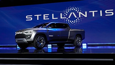 The Ram 1500 Revolution electric battery powered pickup truck is displayed during the Stellantis keynote at the CES tech show Thursday, Jan. 5, 2023, in Las Vegas.