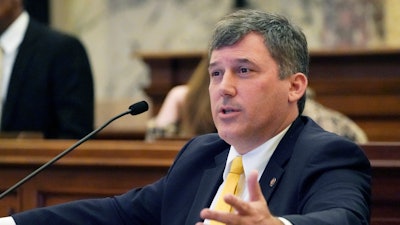 Republican Sen. Daniel Sparks of Belmont, explains the essence of a bill that would place new restrictions on car manufacturers for opening brick-and-mortar car dealerships, in the Chamber at the Mississippi Capitol in Jackson, Thursday, March 2, 2023.