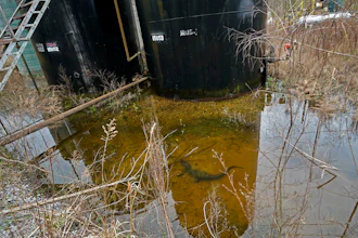 A small alligator swims in the collected water around the dilapidated infrastructure of the B-5 orphan well site in the Atchafalaya National Wildlife Refuge in Lottie, La., Thursday, Feb. 16, 2023.