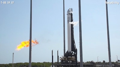 This image from video made available by Relativity Space shows the company's Terran 1 rocket on the launch pad in Cape Canaveral, Fla., on Wednesday, March 8, 2023.