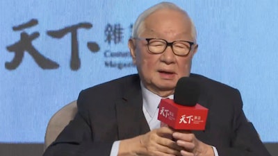 In this image made from video, former Taiwan Semiconductor Manufacturing Company (TSMC) CEO, Morris Chang, speaks during a forum in Taipei, Taiwan, Thursday, March 16, 2023. U.S. government efforts to shift production of processor chips from Asia to the United States will double their cost and slow the spread of their use in phones, cars and other products, the billionaire founder of the global industry’s biggest manufacturer warned Thursday.