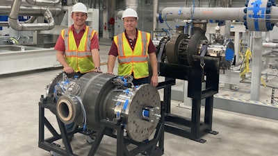 SwRI’s John Klaerner, lead turbine engineer, and Dr. Jeff Moore, the principal investigator of the STEP Demo project, with the recently assembled sCO2 turbine for the 10 MWe demonstration plant under construction at SwRI.