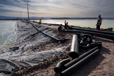 Workers perform maintenance next to pools of brine slowly turning into lithium at the SQM mine in Chile's Atacama desert, Tuesday, April 18, 2023.