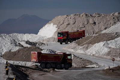 A truck carries salt used as part of lithium processing at the Albemarle lithium mine in Chile's Atacama desert, Monday, April 17, 2023.