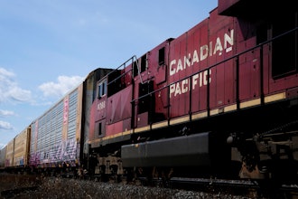 Canadian Pacific trains sit at the main CP Rail train yard in Toronto, March 21, 2022.