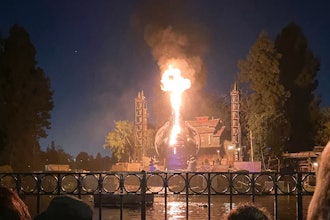 This photo courtesy of Shawna Bell shows a fire during the “Fantasmic' show in the Tom Sawyer Island section of Disneyland resort in Anaheim, Calif., on Saturday, April 22, 2023.