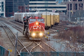 A Canadian National Railway locomotive moves through the rail yard on March 29, 2018, in Dartmouth, Nova Scotia.