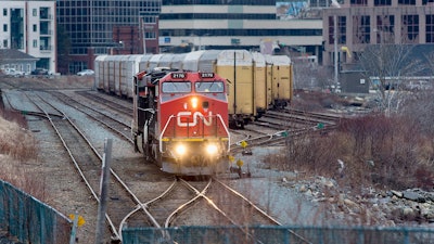 A Canadian National Railway locomotive moves through the rail yard on March 29, 2018, in Dartmouth, Nova Scotia.