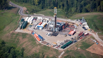 An aerial view of a natural gas well being drilled in northwestern West Virginia in the Marcellus Shale Formation, photograph taken August 2020.