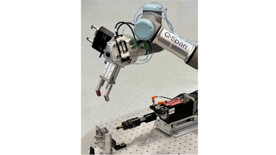 The Q-Span Workstation incorporates existing manual gauges, such as this thread gauge, to automate part handling, gauging and data collection for quality control (QC) teams in high-mix, small-batch manufacturing.