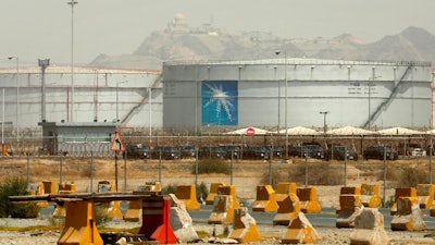 Storage tanks are seen at the North Jiddah bulk plant, an Aramco oil facility, in Jiddah, Saudi Arabia, on March 21, 2021.