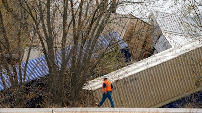 Recovery work is shown at the scene of a train derailment along Hwy 35 Thursday, April 27, 2023 in Crawford County just south of DeSoto, Wis.