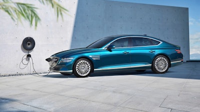 This photo provided by Hyundai shows the 2023 Genesis G80 Electrified, a midsize luxury sedan with an EPA-estimated range of 282 miles.