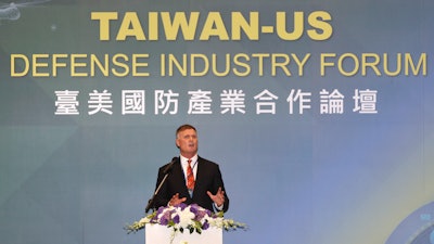 Retired U.S. Marine Corps Lt. Gen. Steven Rudder delivers a speech during the Taiwan-U.S. Defense Industry Forum at the Taipei International Convention Center in Taipei, Taiwan, Wednesday, May 3, 2023.
