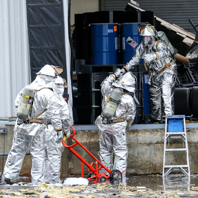 A hazmat team carefully removes barrels from an explosion site in Newburyport, Mass., Thursday, May 4, 2023.