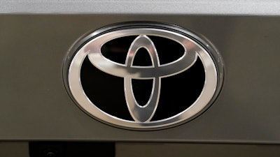 Shown is a Toyota logo at the Philadelphia Auto Show, Friday, Jan. 27, 2023, in Philadelphia.