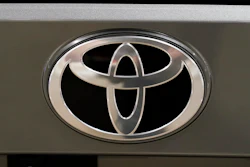 Shown is a Toyota logo at the Philadelphia Auto Show on Jan. 27, 2023, in Philadelphia.