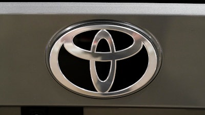 Shown is a Toyota logo at the Philadelphia Auto Show on Jan. 27, 2023, in Philadelphia.