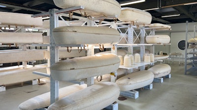 Dutch startup Loop Biotech's cocoon-like coffins, grown from local mushrooms and up-cycled hemp fibres, designed to dissolve into the environment amid growing demand for more sustainable burial practices, are stored in Delft, Netherlands, Monday, May 22, 2023.