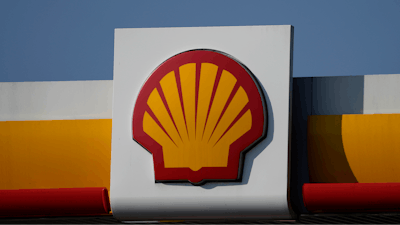 A Shell logo is displayed at a gas station in London, on March 8, 2022.