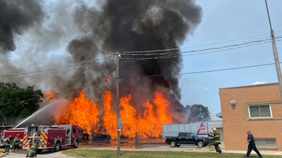 A fire at warehouse in the Northeast Industrial District, Kansas City, Mo., June 15, 2023.