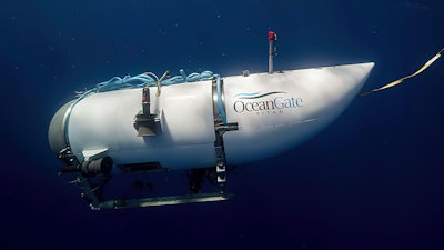 This photo provided by OceanGate Expeditions shows a submersible vessel named Titan used to visit the wreckage site of the Titanic. In a race against the clock on the high seas, an expanding international armada of ships and airplanes searched Tuesday, June 20, 2023, for the submersible that vanished in the North Atlantic while taking five people down to the wreck of the Titanic.