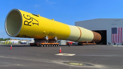 A giant monopile, the foundation for an offshore wind turbine, sits on rollers at the Paulsboro Marine Terminal in Paulsboro, N.J. on Thursday, July 6, 2023, when New Jersey Gov. Phil Murphy planned to sign a bill granting a tax break to offshore wind developer Orsted.