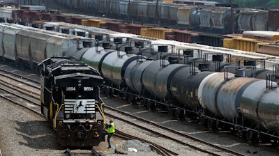Norfolk Southern locomotives are moved in Norfolk Southern's Conway Terminal in Conway, Pa., June 17, 2023.