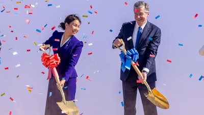 VinFast CEO Le Thi Thu Thuy, left, and Gov. Roy Cooper participate in a a groundbreaking ceremony Friday, July 28, 2003, at the future site of a VinFast plant, an electric vehicle manufacturer, in Moncure, N.C.