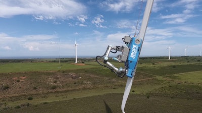Rope Robotics’ ‘BR-8’ robot, which incorporates a cobot from Universal Robots, can restore up to 3 percent energy output within less than one day per blade at half the cost of manual solutions. Rope Robotics’ nine BR-8s have repaired over 150 wind turbine blades in the U.S., Canada, South Africa and Europe.